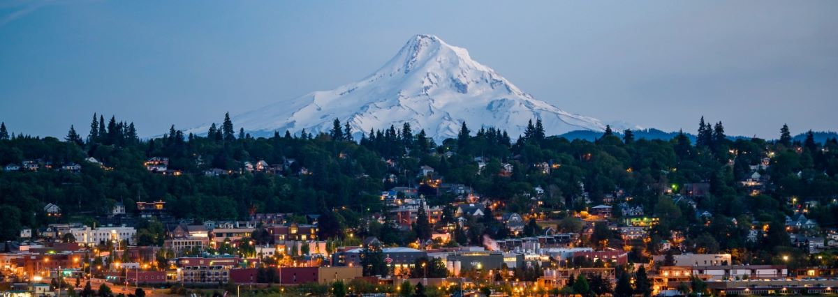 Mount hood with the city of Hood River in the foreground.