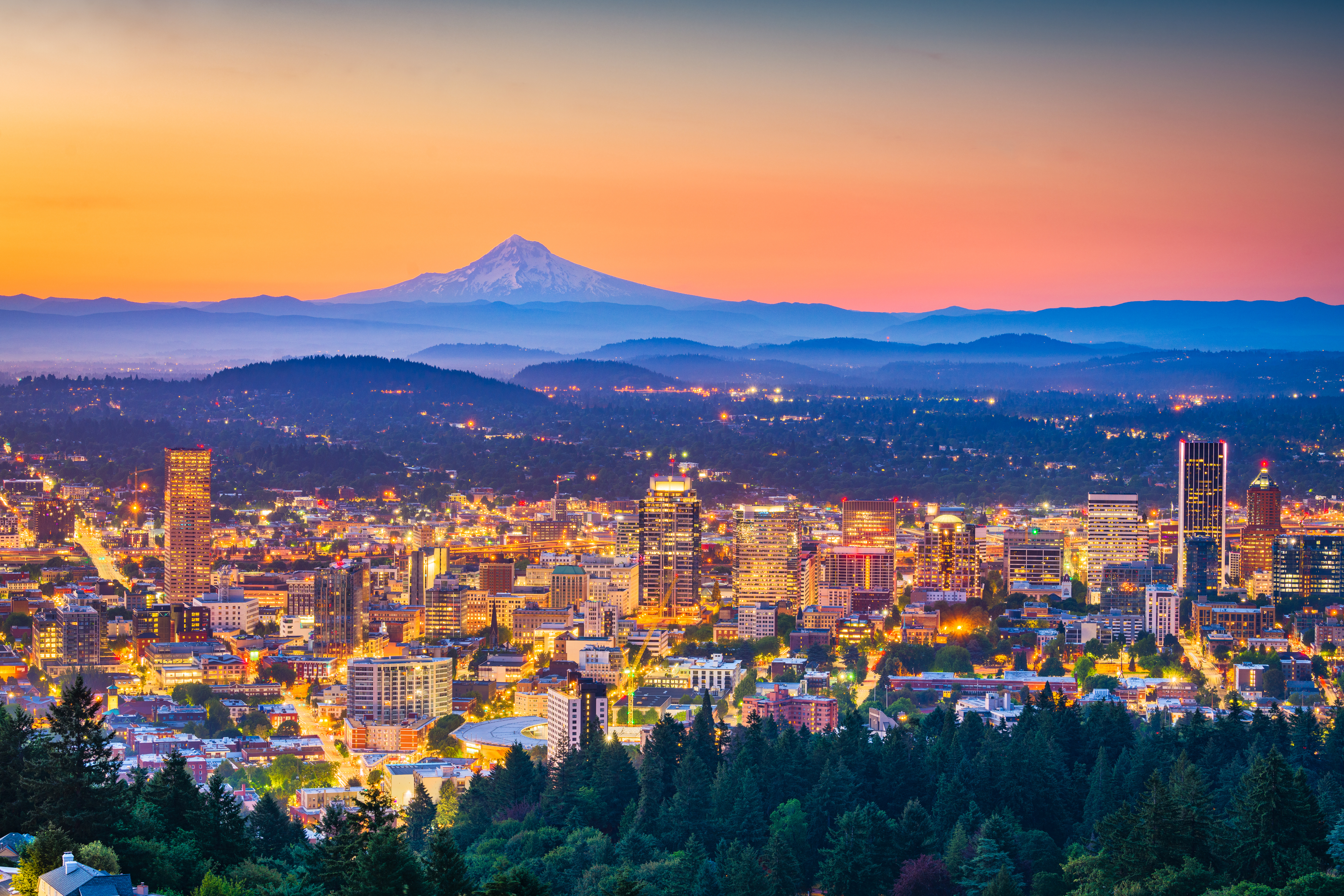 Mt Hood over Portland sunset