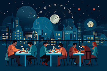 Surreal image of people dining at a cafe at night.