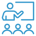 Blue icon of a person leading a seminar at presentation board.