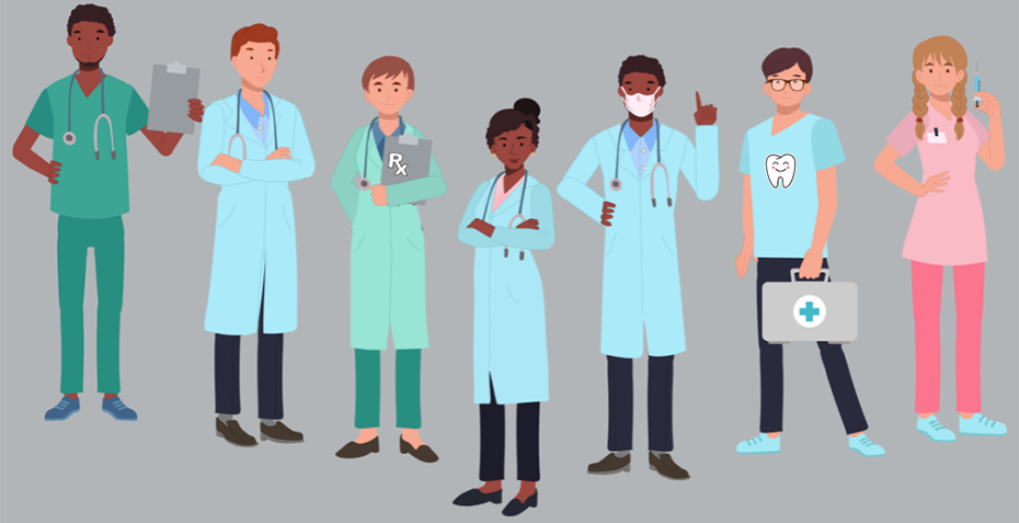 An illustration of diverse group of 7 healthcare providers.