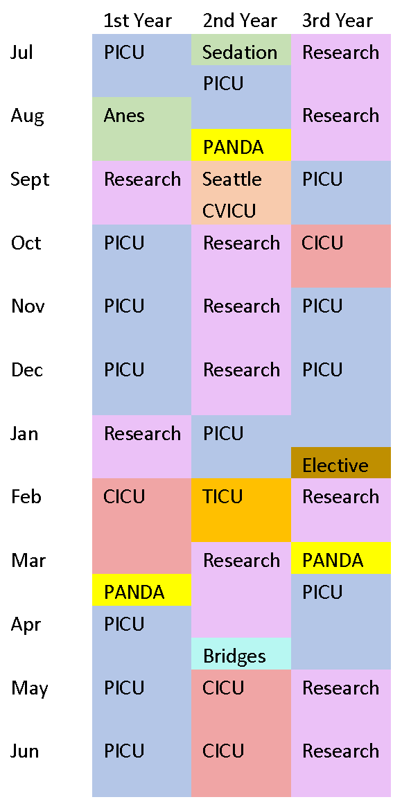 A sample block schedule for a year consisting of different colored blocks representing different fellowship rotations.