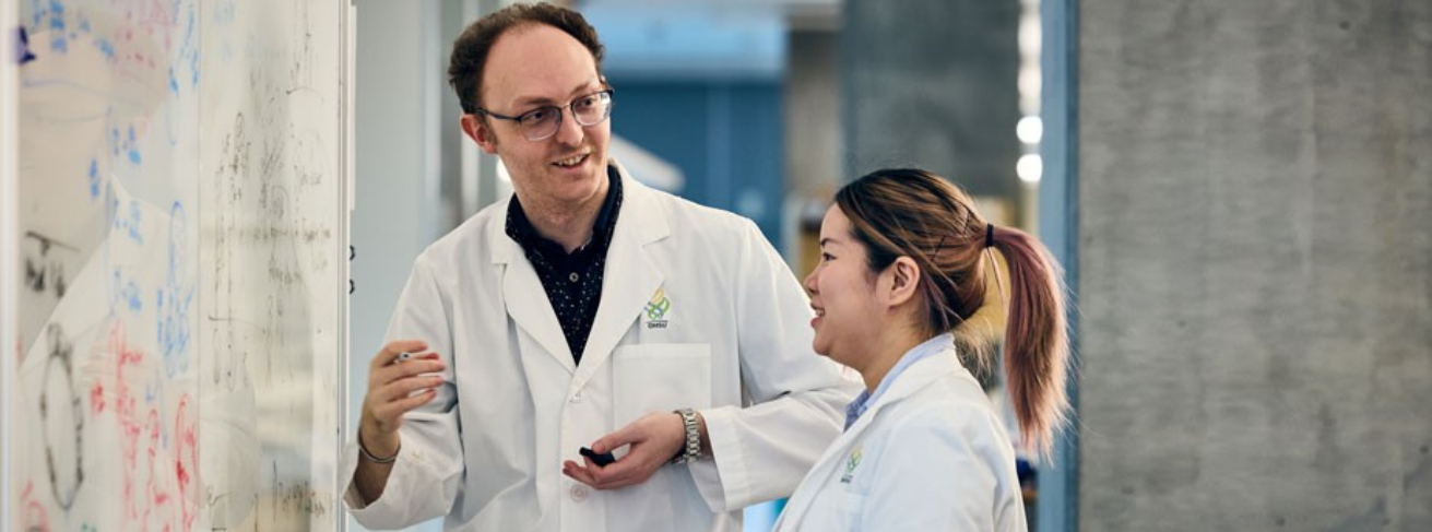 Two researchers are standing at a whiteboard in a cancer lab, discussing ideas.