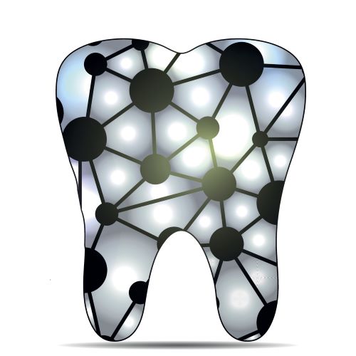 Drawing of a 2-dimensional tooth with a molecule's depiction within the outline..