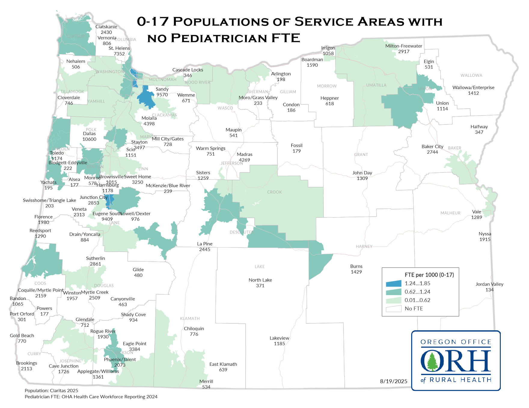 0-17 Populations of Service Areas with No Pediatrician FTE