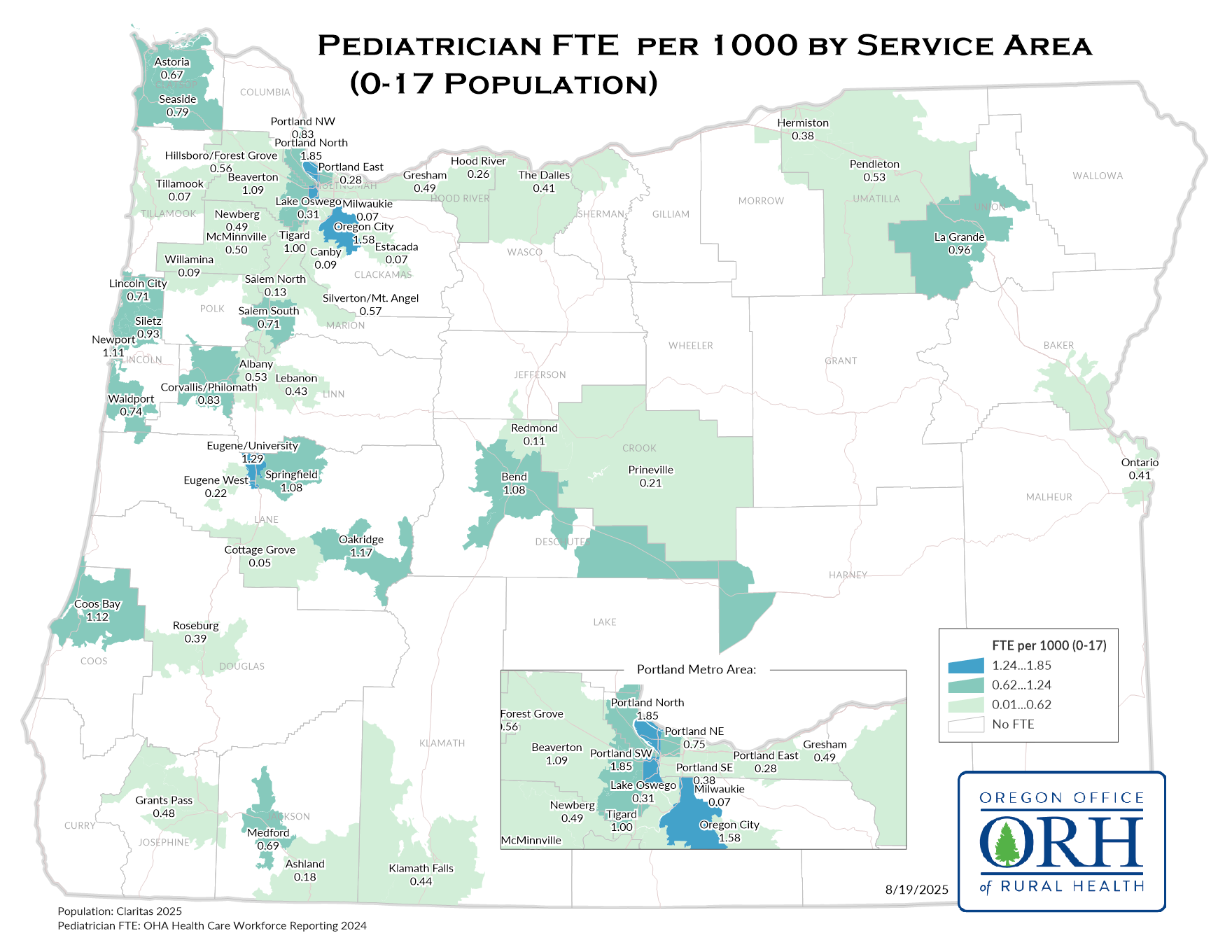 Pediatrician FTE per 1000 (0-17) by Service Area