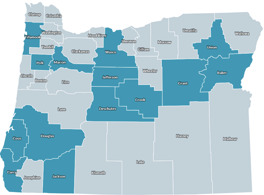The image shows a map of Oregon with 14 counties highlighted, which represents ACCESS activities across the state. The counties highlighted are: Tillamook, Polk, Marion, Wasco, Jefferson, Deschutes, Crook, Grant, Union, Baker, Douglas, Coos, Curry, Jackson. Many of our ACCESS teams span across multiple counties.