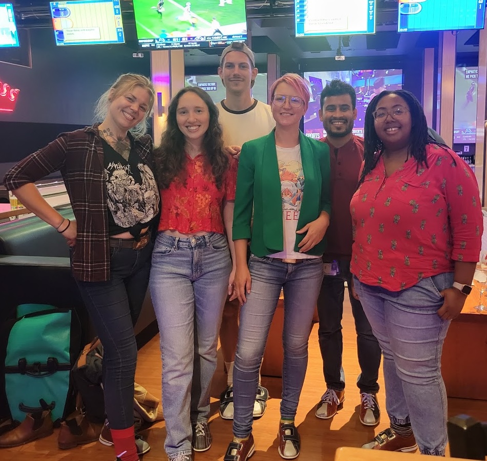 people in front of bowling alley