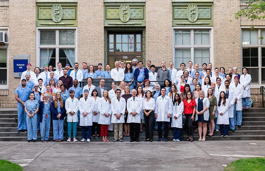 A group photo of the OHSU Department of Anesthesiology and Perioperative Medicine taken in 2025 out front of Mackenzie Hall.