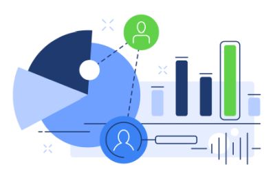 Illustration of a data analytics dashboard showing interconnected visual elements, including a segmented pie chart, vertical bar graph, and user profile icons linked by data lines, representing integrated data visualization and performance tracking.