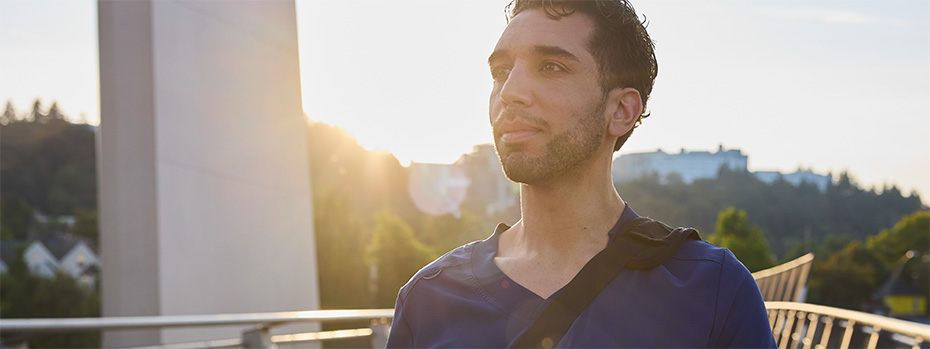 OHSU student on Tilikum Crossing bridge in Portland, Oregon