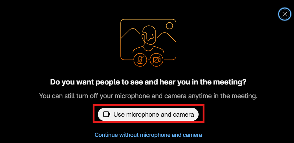 A screenshot of a Webex meeting screen that shows a person how to use their device's microphone and camera for the meeting they are about to join.