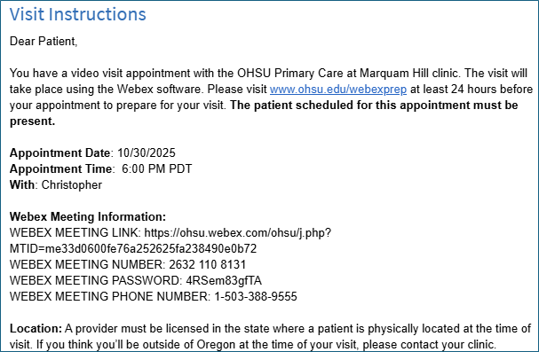 An example of the Webex precheck emailed instructions for logging in or calling into a Webex video call.