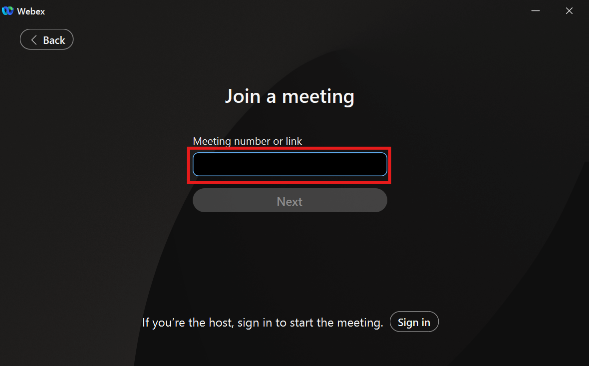 A screenshot of the Webex "Join a Meeting" screen that shows a text box where a person is meant to type in the meeting number or link.