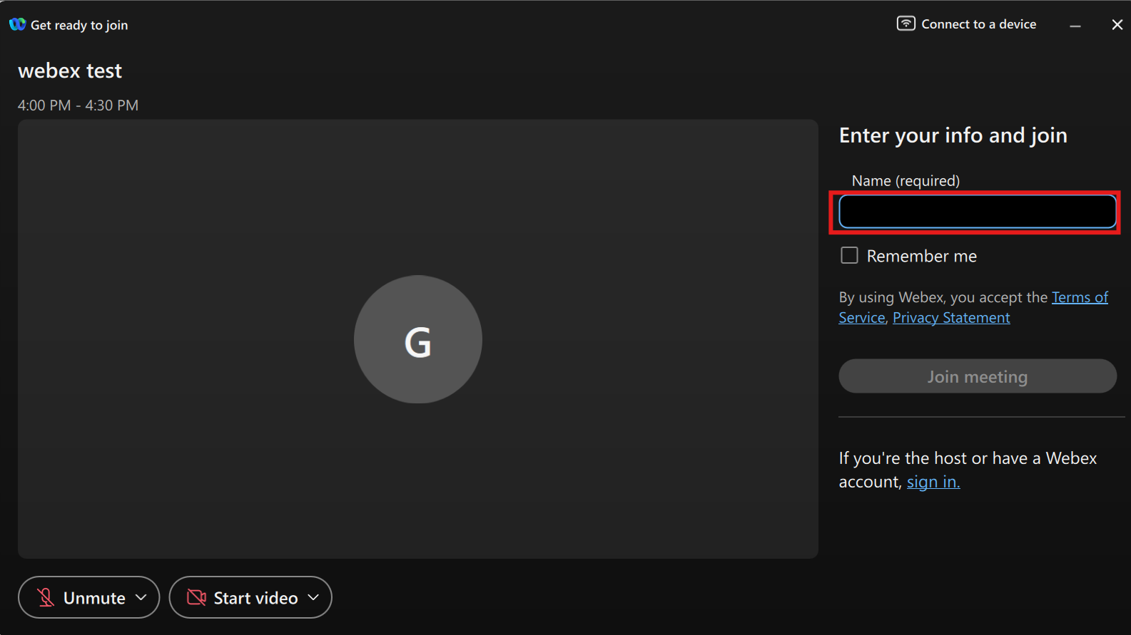 A screenshot of the Webex meeting screen that shows a person where to enter their name ahead of a medical visit.