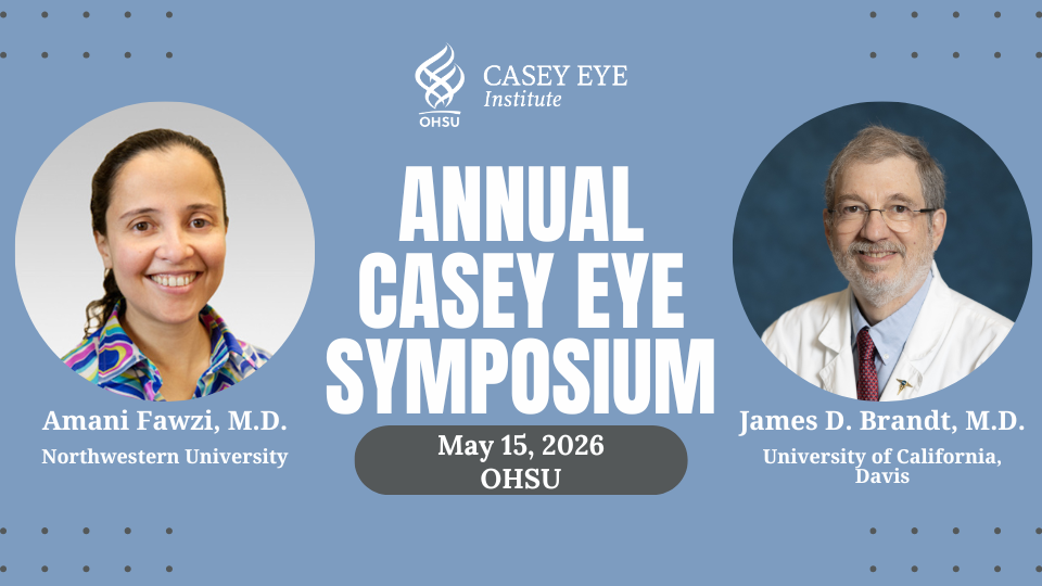 Headshot photos of two speakers on a blue background with the words "Annual Casey Eye Symposium" in the middle.