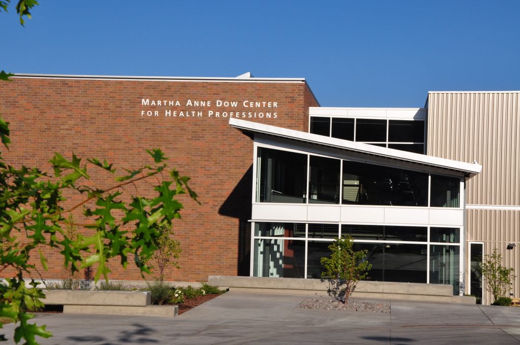 Exterior of a 20th century building labeled "Martha Ann Dowe Center for the Health Professions" at Oregon Institute of Technology