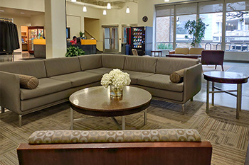 Seating areas in the Student Center's first-floor lounge space.