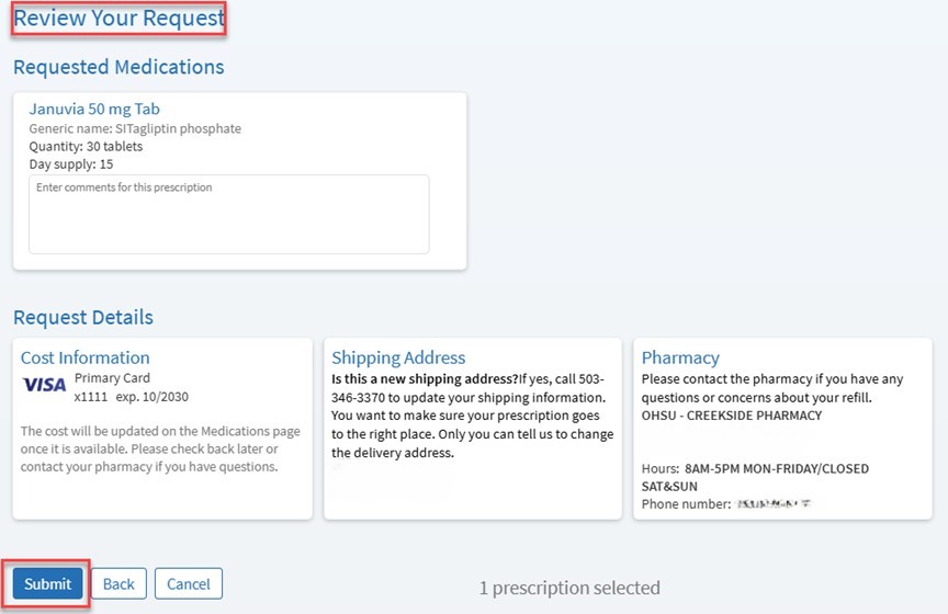 A screenshot of a “Review Your Request” screen in MyChart. The title is highlighted.