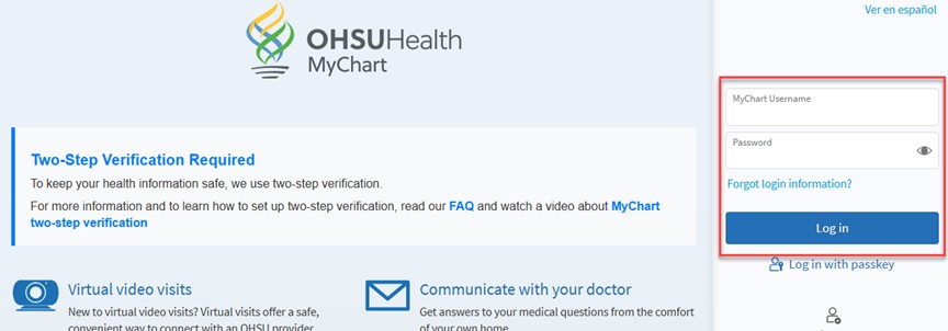 A screenshot of the MyChart login screen. The login is highlighted.