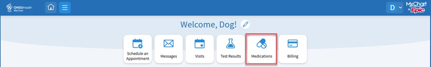 A screenshot of MyChart menu icons. The Medications icon is highlighted.