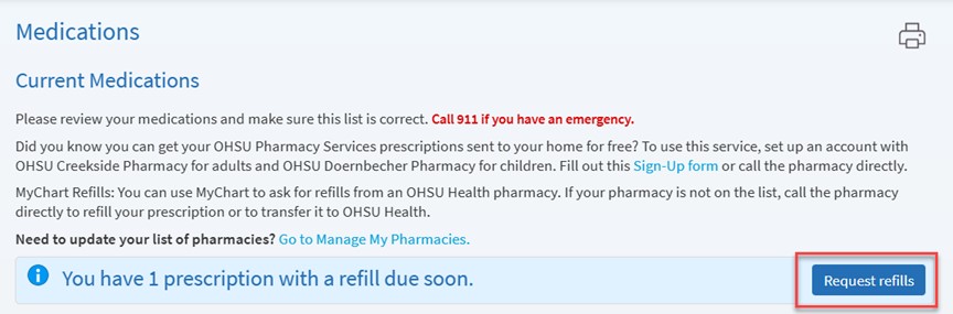 A screenshot of the MyChart medications screen. A button that says “Request refills” is highlighted.