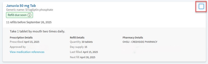 A screenshot of a prescription in MyChart. A checkbox is highlighted.