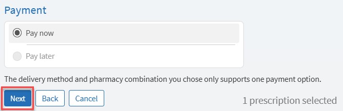 A screenshot of a Payment screen in MyChart. A button that says “Next” is highlighted.