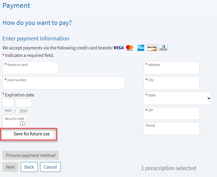 A screenshot of a Payment screen in MyChart. A checkbox labeled “Save for future use” is highlighted.
