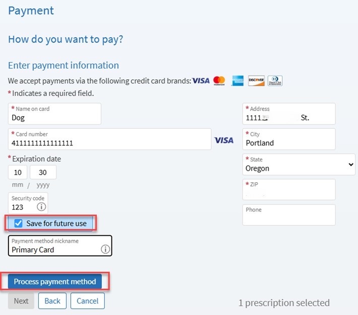 A screenshot of a Payment screen in MyChart. A checkbox next to the words “Save for future use” and a button that says “Process payment method” are highlighted.