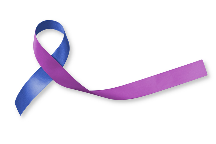 A blue and purple ribbon representing suicide prevention awareness.