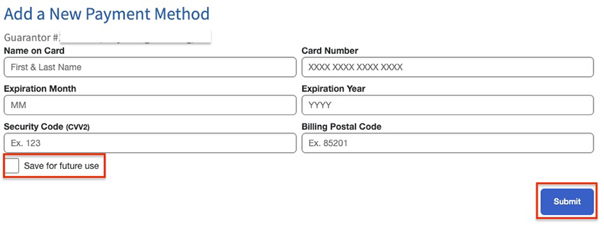 A credit card authorization form with the words “Save for future use” and “Submit” highlighted.
