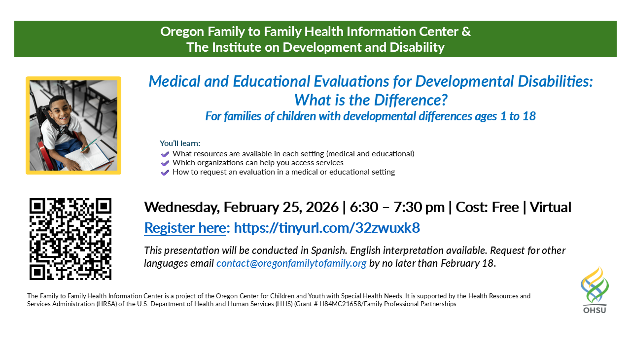 A flier in English inviting families and professionals to learn the difference between and educational and a medical diagnosis.
