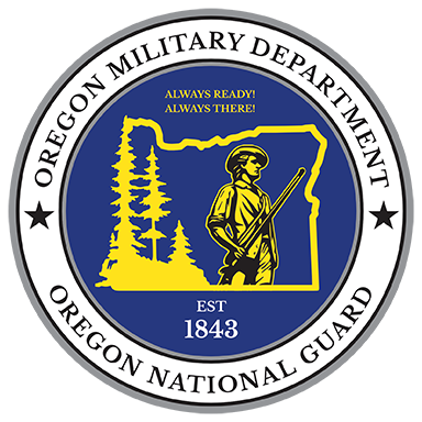 Official emblem of the Oregon Military Department and Oregon National Guard on a black background. The outer silver and white ring reads "OREGON MILITARY DEPARTMENT" along the top and "OREGON NATIONAL GUARD" along the bottom, flanked by two black stars. The inner blue circle features a yellow illustration of a soldier carrying a rifle, standing in front of evergreen trees within the outline of the state of Oregon. The motto "ALWAYS READY! ALWAYS THERE!" appears at the top of the inner circle, with "EST 1843