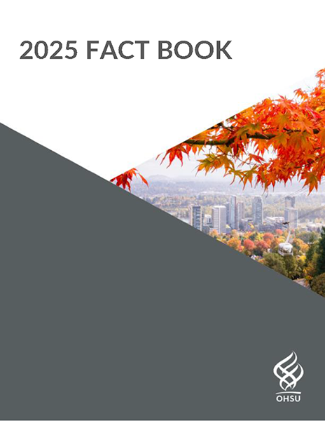 Geometric cover with the words "2025 Fact Book" in the upper left white corner. Below is an image of the city of Portland viewed from OHSU campus with a tree with fall leaves. The bottom is a charcoal gray wedge with the OHSU flame logo in the bottom right.