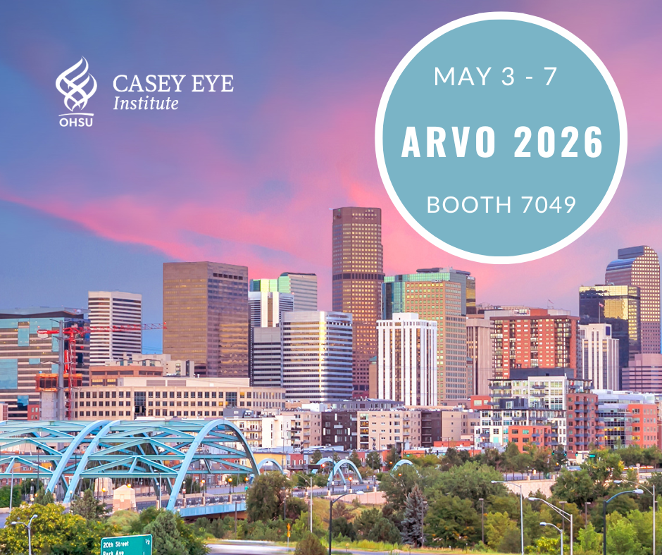 Denver skyline at sunset with pink and blue sky. A teal circle says "May 3 - 7  ARVO 2026 Booth 7049"