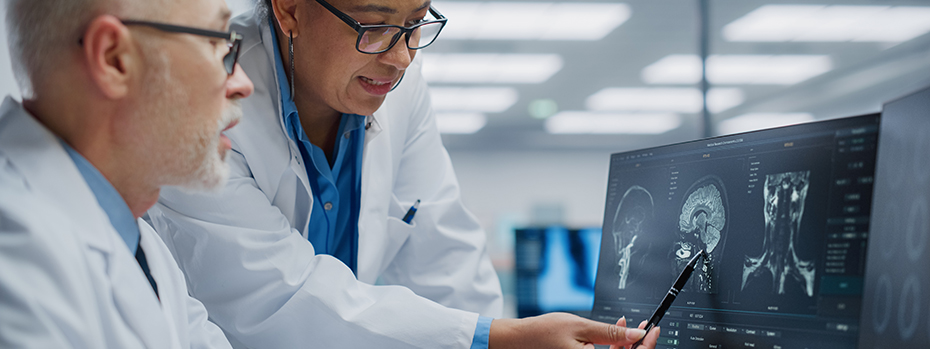Two doctors in white coats look at a computer monitor showing scans of the brain and neck as one doctor points at the screen