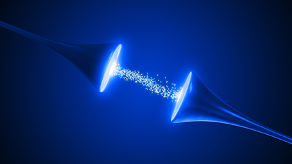 Abstract digital image of neural pathways transmitting signals through synapses.