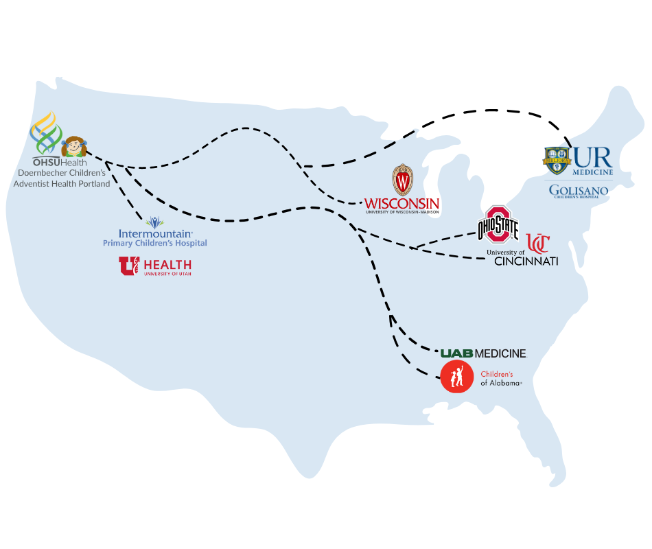 Map of the U.S. with the OHSU partner site logos at in their respective locations