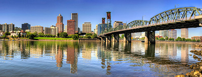 View of Willamette River and bridge across Portland