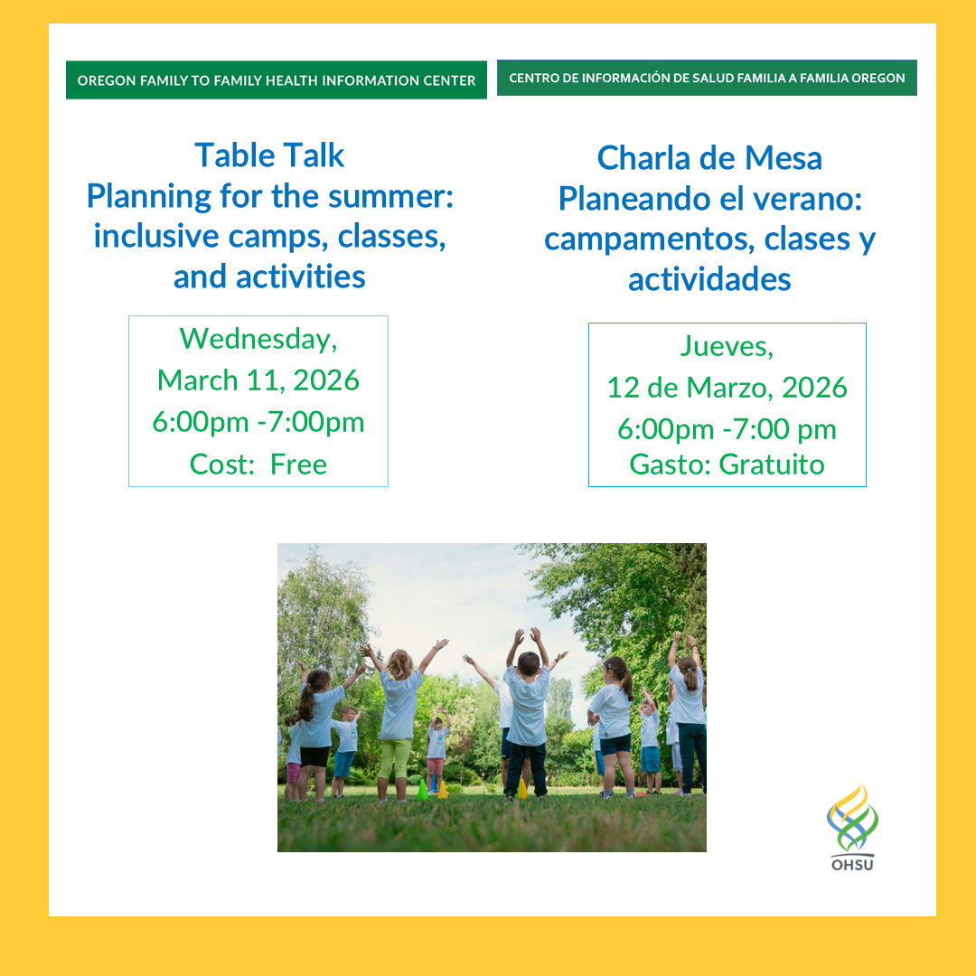 Flyer in Eng and Spa inviting families to talk about inclusive summer activities