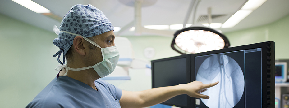 A male doctor in scrubs points at a digital screen showing an intravascular ultrasound image.