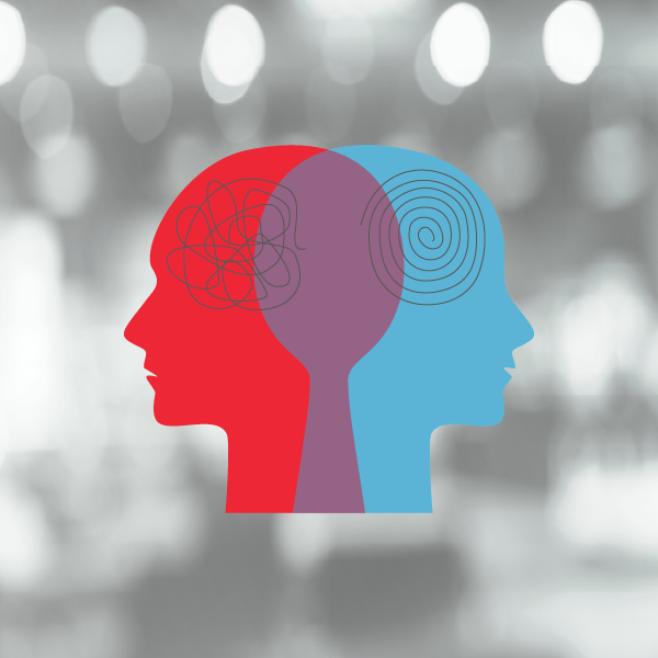 Two illustrated heads, one red and one blue, looking in opposite directions representing mental health and substance abuse disorder. 