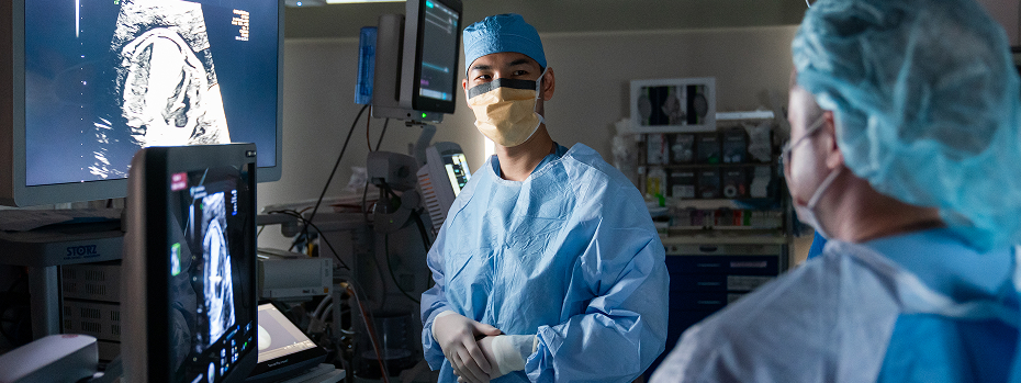 Dr. Raphael Sun, a pediatric and fetal surgeon at OHSU, reviews a large digital screen image with a colleague.