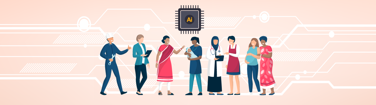 Illustrated banner showing a diverse group of workers and community members — including a construction worker, business professional, healthcare provider, doctor, and others — gathered beneath an AI microchip icon, representing artificial intelligence benefiting people across different industries and backgrounds.