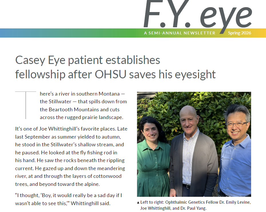 The front cover of the FY Eye Spring 2026 newsletter has the title in gray across the top, with the heading and first paragraphs of a story on the left and a photo of three people posing together on the right.