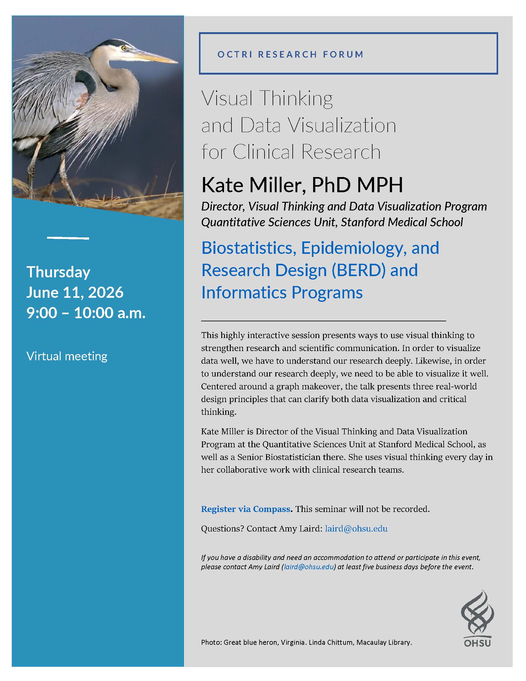 Flyer for the Visual Thinking and Data Visualization for Clinical Research seminar presented by OCTRI's BERD and Informatics Programs