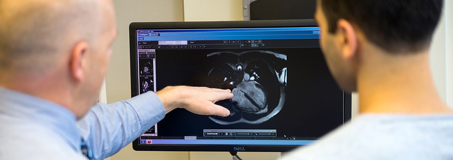 Two doctors look at a scan of a heart on a computer screen.