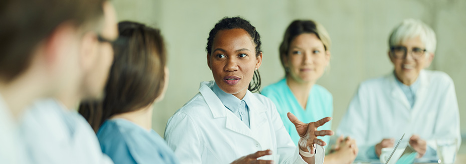 A female fellow speaks to her colleagues at a conference table.