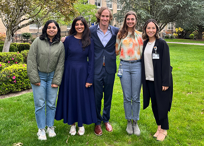 Group photo of Surgical Data and Decision Sciences Lab team members posing outside on the OHSU Marquam Hill campus.